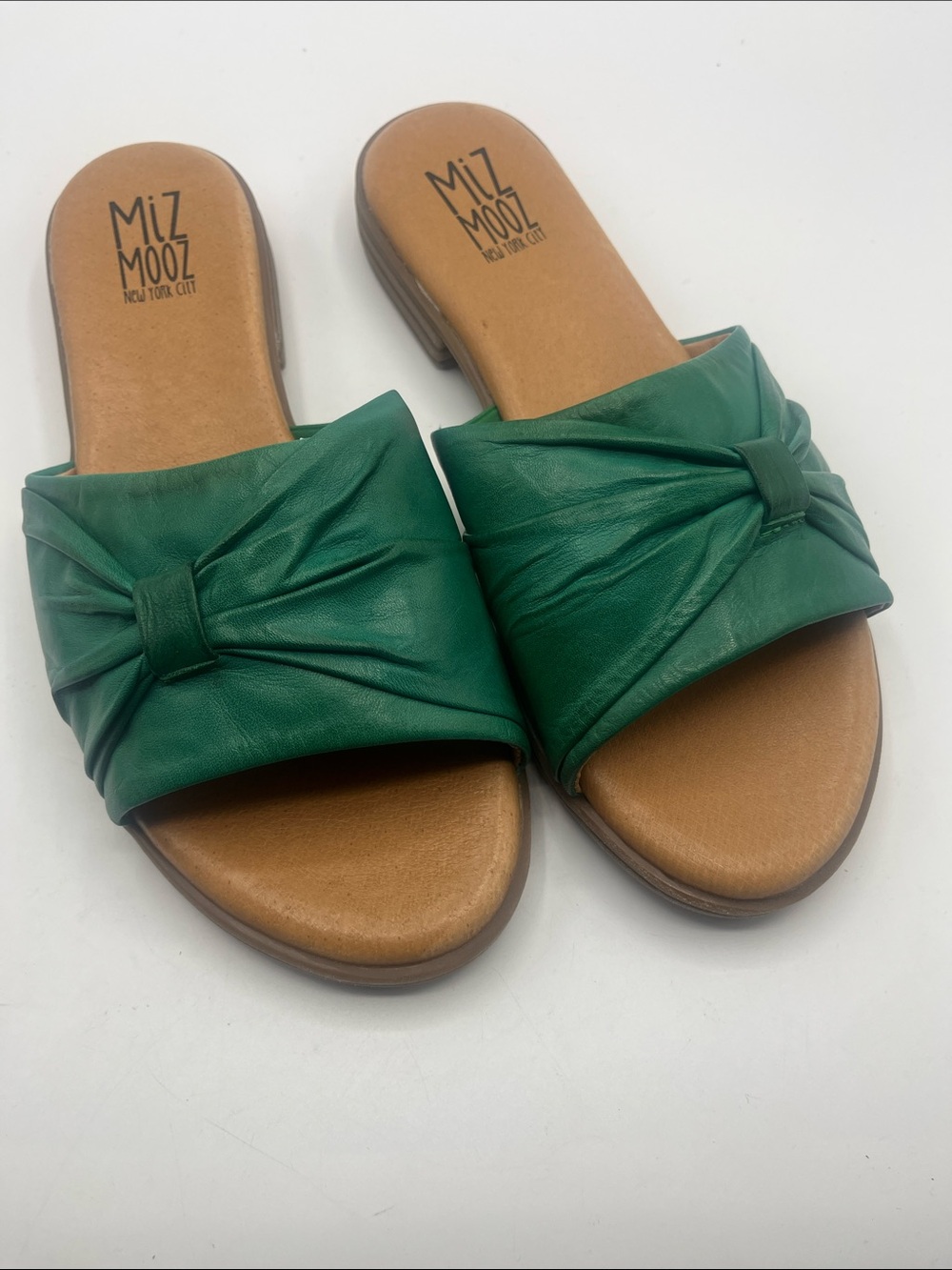 Miz Mooz Emerald Green Knotted Leather Slide Mules